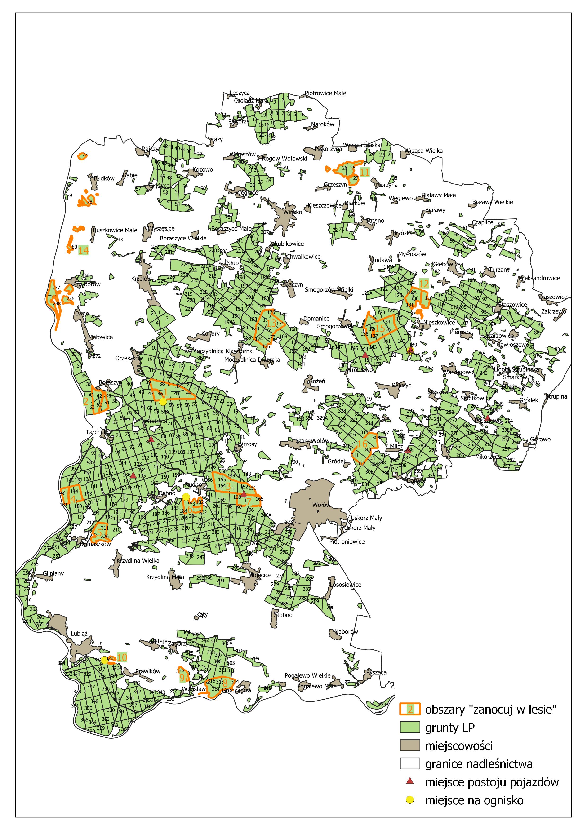 Mapa obszarów Nadleśnictwa Wołów